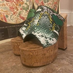 PLT green snake print platform heels